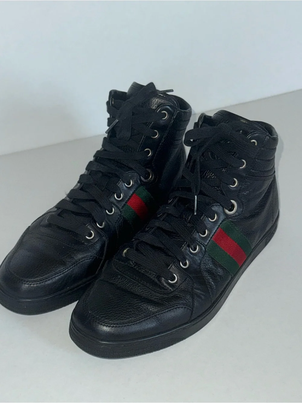 Gucci Black Leather Web High Top Sneakers